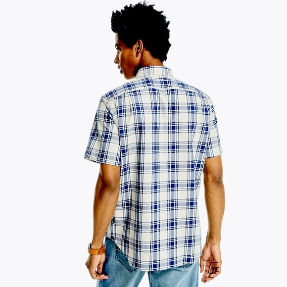 Nautica Short Sleeve Poplin Button Down Shirt Blue/White Plaid Men’s Size L - Picture 2 of 6
